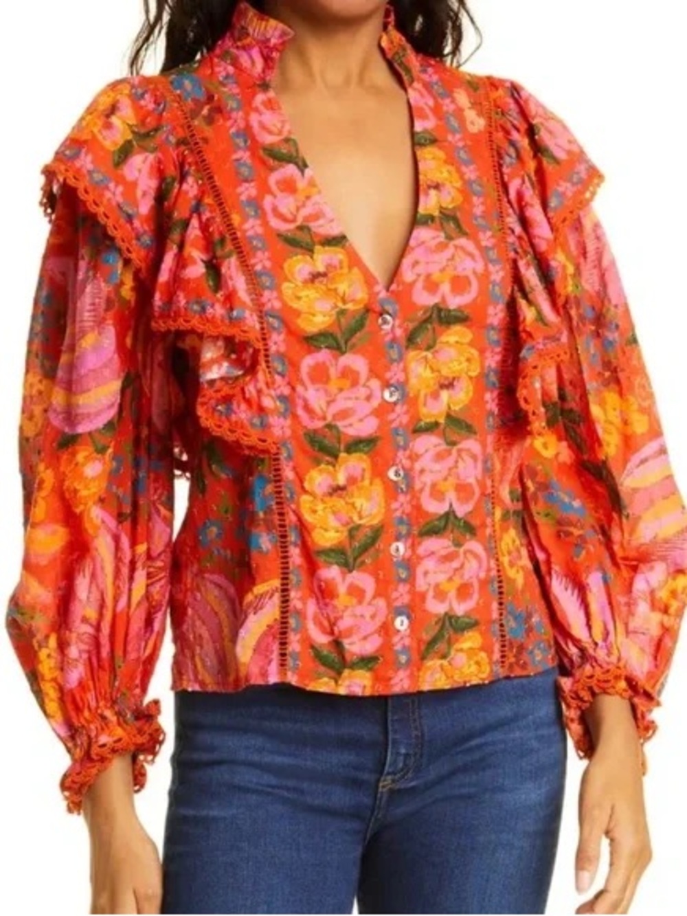FARM Rio Coral Pink & Orange Floral Ruffle Button-Front Blouse